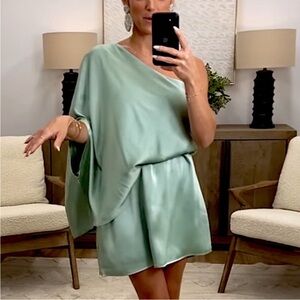 MITTOSHOP SAGE GREEN ONE SHOULDER ELASTIC WAIST MINI DRESS SIZE MEDIUM